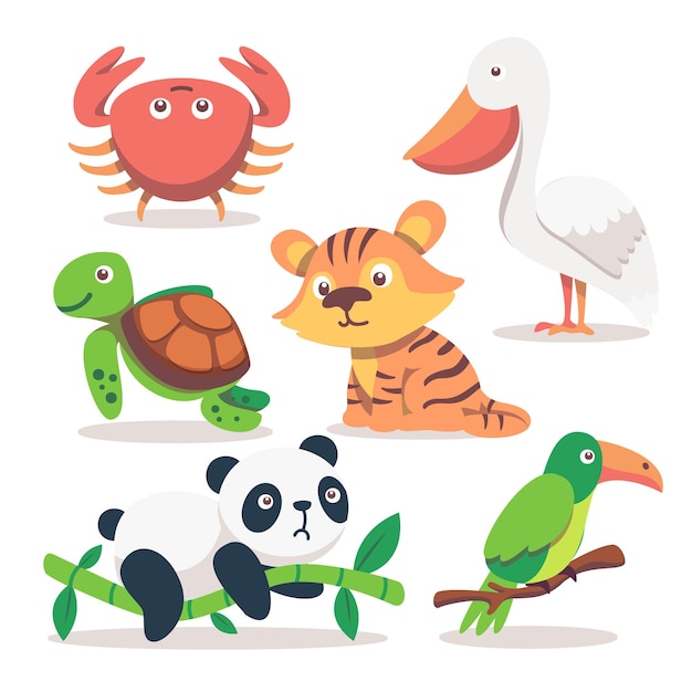 Set of animals in cartoon style isolated on white background cute tiger crab turtle panda and bird vector illustration