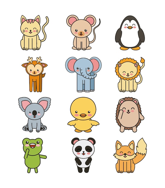 Set animals cute tender isolated icon