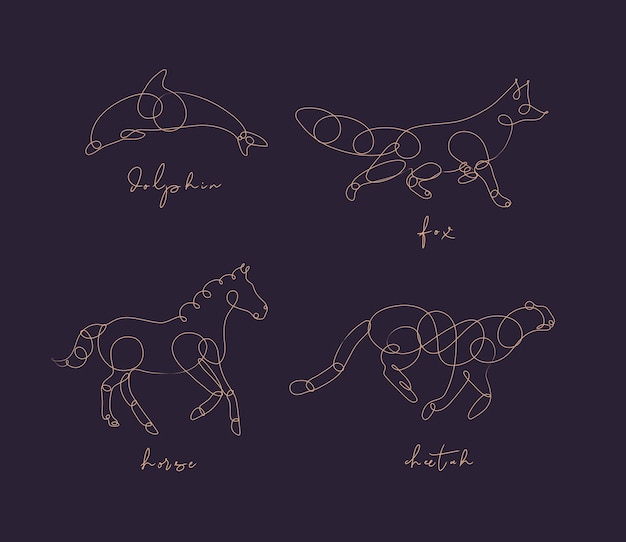 Vector set of animals dolphin fox horse cheetah drawing in pen line style on dark background