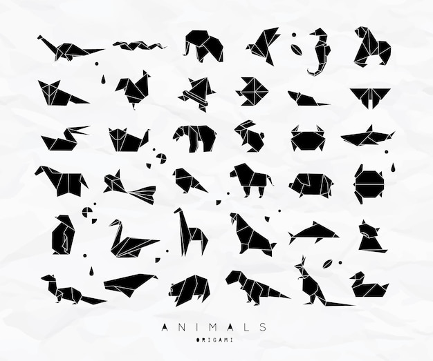 Set di animali in stile piatto origami serpente, elefante, uccello, cavalluccio marino, rana, volpe, topo, farfalla