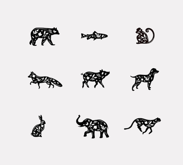 Vector set of animals floral graphic silhouettes bear fish monkey fox pig dog rabbit elephant