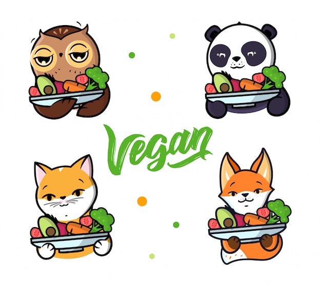 Set of animals holding a plate of veggies