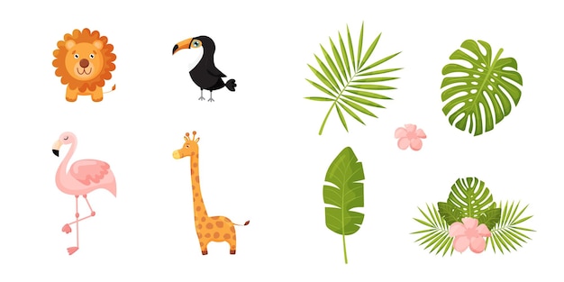 Vector set of animals lion giraffe toucan flamingo and palm leaf and exotic plants