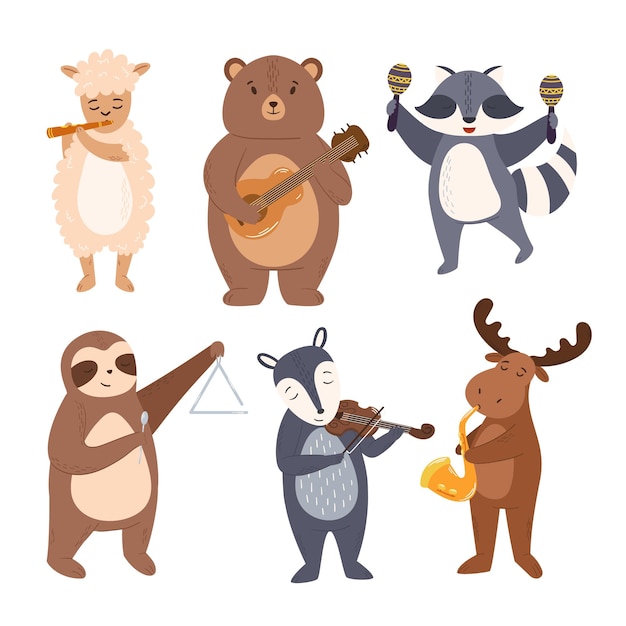 Set di animali che suonano musica cute sheep bear raccoon sloth o moose giocando su diversi strumenti guitar maracas