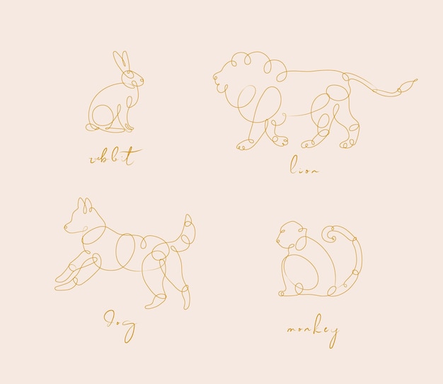 Set of animals rabbit lion dog monkey drawing in pen line style on beige background