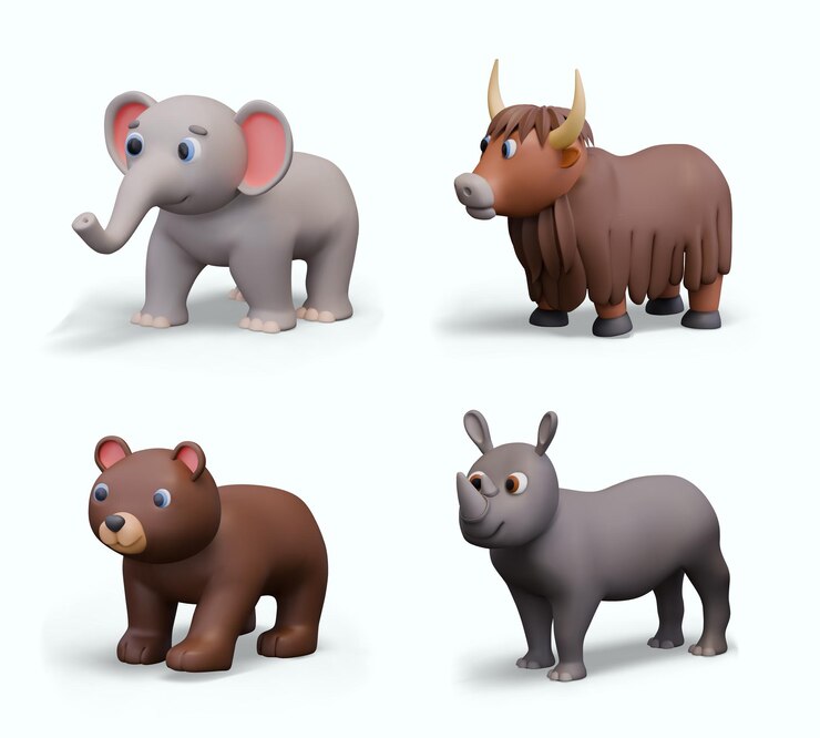 Vector set of animals in realistic positive style isolated elephant yak bear rhinoceros