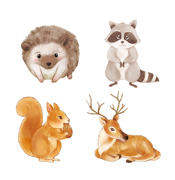 set of animals wildlife cartoon watercolor