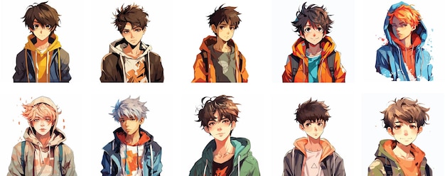 Set of Anime boy portrait art collection of anime boy digital art white background