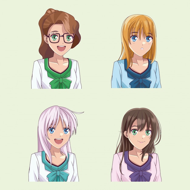 Set of anime young womens profile