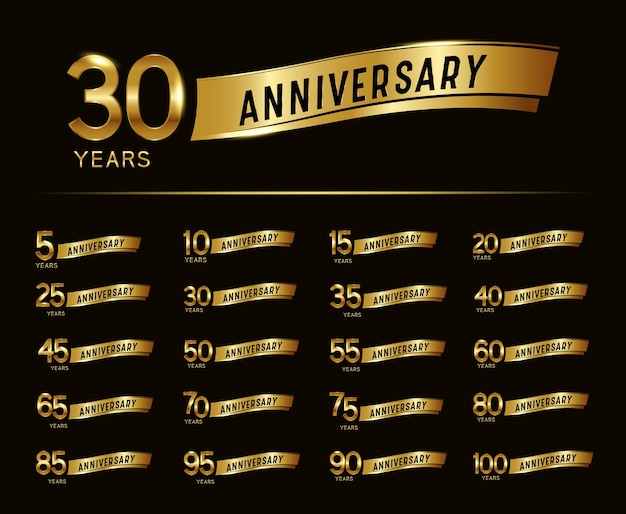 Set of anniversary celebration design template with gold ribbon