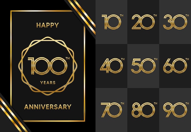 Set of anniversary celebration template designs with gold color. Vector template illustration