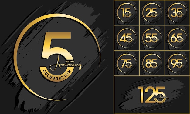 Set of anniversary celebration template designs with gold color. Vector template illustration