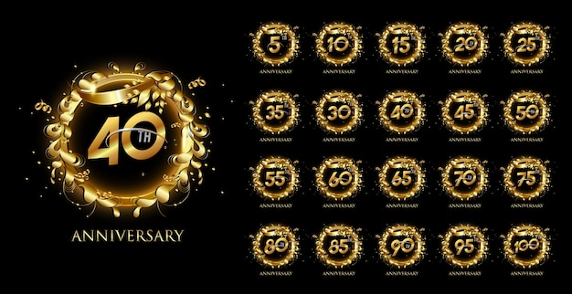 Set of anniversary circle emblems with gold ribbon and festive elements