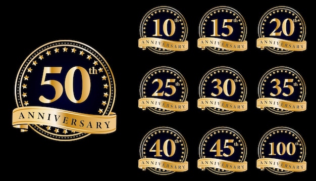 set anniversary golden gold logo with gold ring and ribbon isolated on black background.