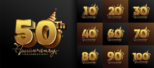 Set di design del logo dell'anniversario con colore dorato della scrittura a mano per eventi celebrativi, matrimoni, biglietti di auguri e inviti. illustrazione vettoriale.