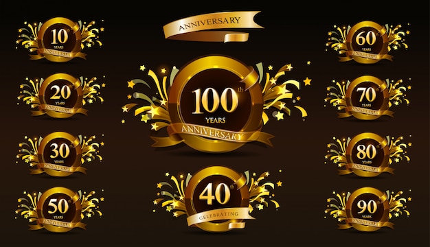 Set of anniversary logotype and gold ribbon. golden anniversary celebration emblem design