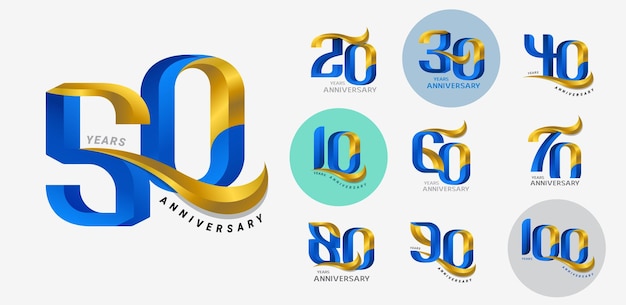 Vettore set di logo dell'anniversario di lusso moderno in oro e numero blu