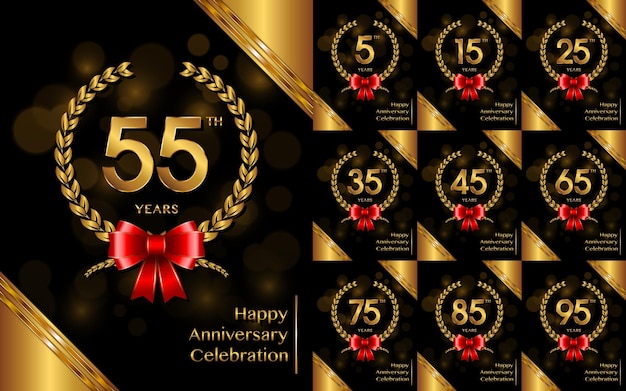 Set of Anniversary Template designs Gold numbers with laurel and ribbon, Vector illustration