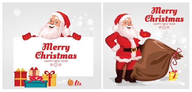 Set ansichtkaarten. merry santa claus en kerstboom staat achter een groot spandoek, uithangbord, reclamebanner. met het opschrift merry christmas en een cadeau. vectorafbeeldingen