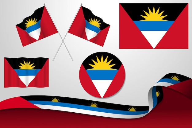 Set Of Antigua and Barbuda Flags In Different Designs Icon Flaying Flags And ribbon With Background