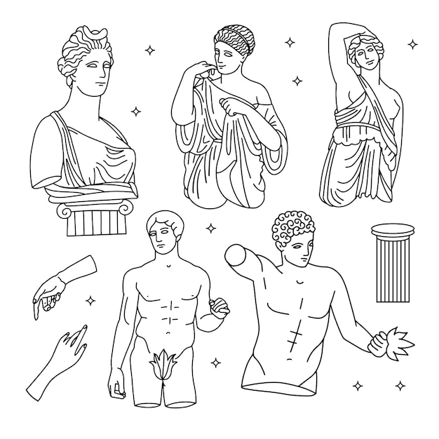 Set of antique marble bodies of greek gods and goddesses hand drawn liner engraving style vector ill