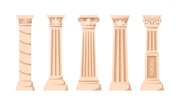 흰색 배경 로마 또는 그리스 건축 요소에 고립 된 골동품 기둥 고 대 고전적인 돌 열의 집합