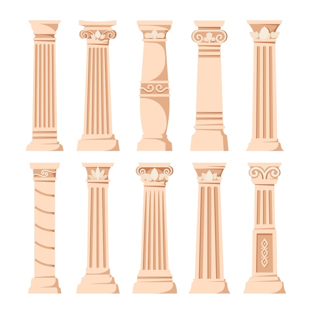 Vettore set di pilastri antichi isolati su sfondo bianco colonne di pietra antiche classiche di architettura romana o greca