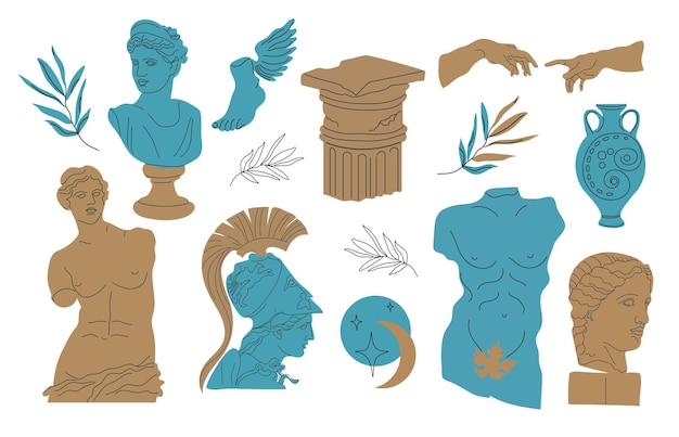 Vettore set di statue antiche illustrazioni vettoriali disegnate a mano di statue classiche d'epoca in boemia alla moda