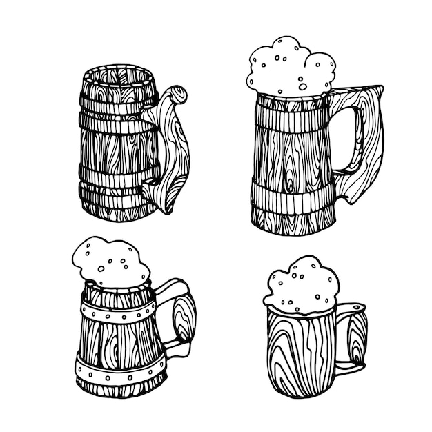 Vector a set of antique wooden festive mugs for ale or beer with foam the symbol of st patrick's day