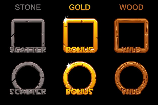 Vector set app frame icons for game slots. square and round gold, wooden stone frames.