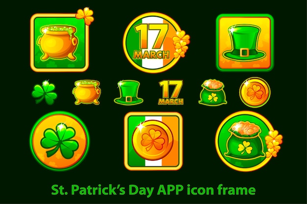 Set app pictogrammen in een frame voor st. patricks day op een groene achtergrond.