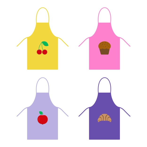 Set of aprons Bright pinafores with chocolate cupcake croissant cherry apple Flat  uniform