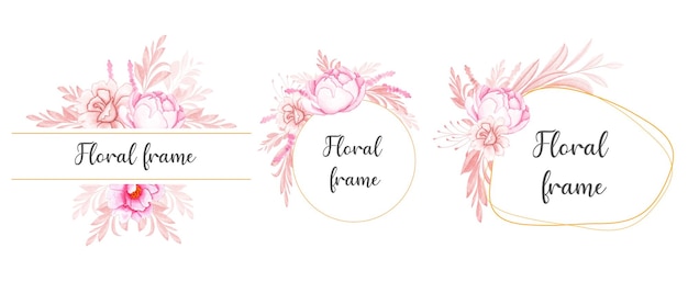Set aquarel bloemen frame-arrangementen van perzik roos met bruine bladeren