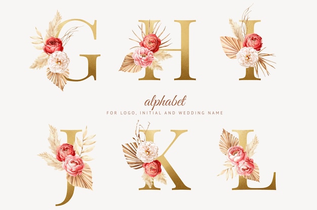 set aquarel boho bloemen alfabet met gouden letter