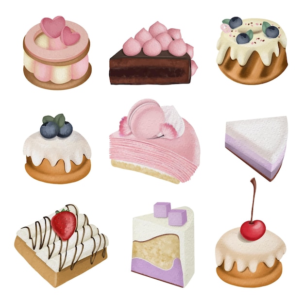 Set aquarel esthetische desserts en zoetwaren, clipart bakken