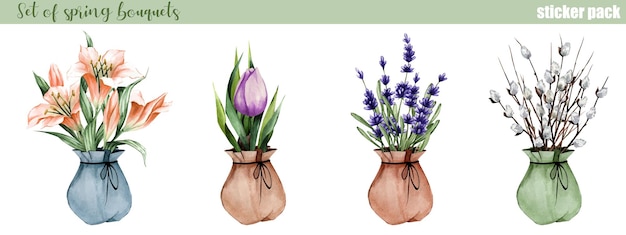 Set aquarel planten lentebloemen in een pot lavendel lelie tulp geschikt voor stickers pos