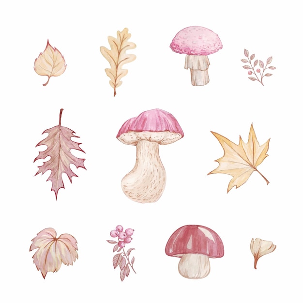 set aquarelillustraties op een herfstthema, roze paddenstoelen en gele bladeren