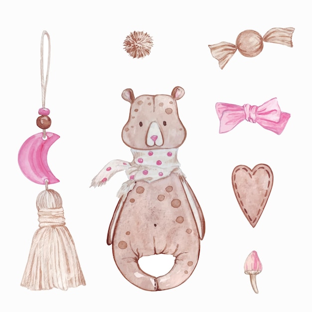 set aquarelillustraties rond het thema textielspeelgoed voor kinderen, schattige bruine beer