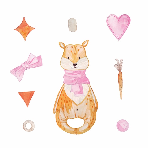 set aquarelillustraties van kinderspeelgoed, een vossenwelp en accessoires in oranje en roze