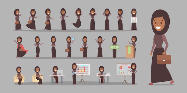 Set of arab business woman or office worker characters in national suit with various poses, face emotions and gestures. isolated flat vector illustration