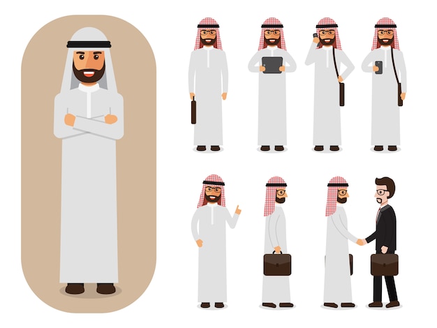 Vector set of arabian businessman at work.