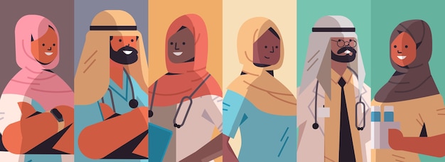 Impostare avatar medici arabi uomini arabi donne che indossano hijab lavoratori medici raccolta medicina concetto sanitario illustrazione vettoriale ritratto orizzontale