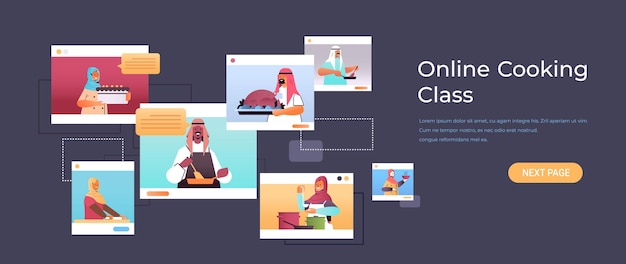 Impostare blogger di cibo arabo che preparano piatti chef arabi nel concetto di lezione di cucina online di finestre browser web