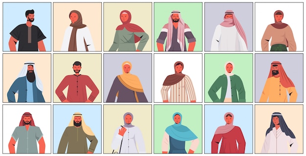 Вектор Набор арабских мужчин женщин в традиционной одежде арабских мужчин женщин персонажей мультфильма коллекции портрета иллюстрации