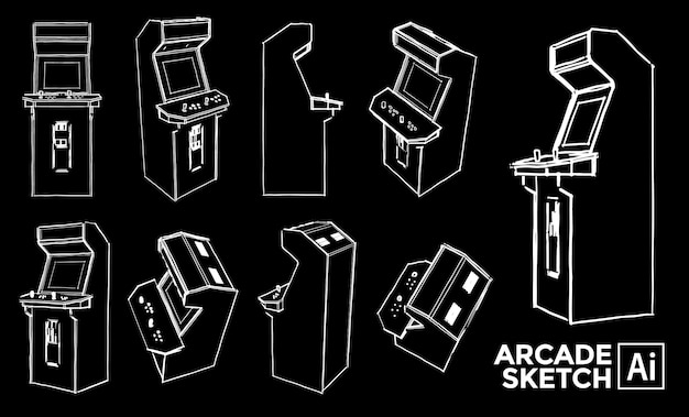 Set of arcade machine views. Marker effect drawings. Editable color.