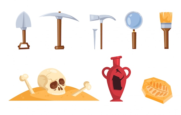 Vector set of archeologist tools. skull and bones in the sand.