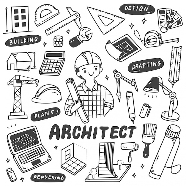 Set of architect equipment doodles