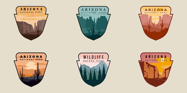 Set di emblema dell'arizona logo modello di illustrazione vettoriale icona grafico design bundle raccolta di vari animali selvatici o natura segno di riferimento o simbolo per viaggi d'affari o avventura concetto con badge