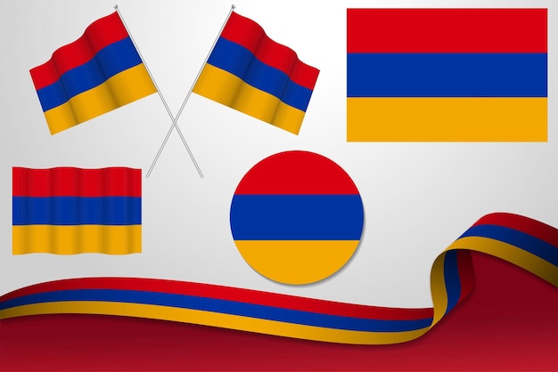 Set Of Armenia Flags In Different Designs Icon Flaying Flags With ribbon With Background