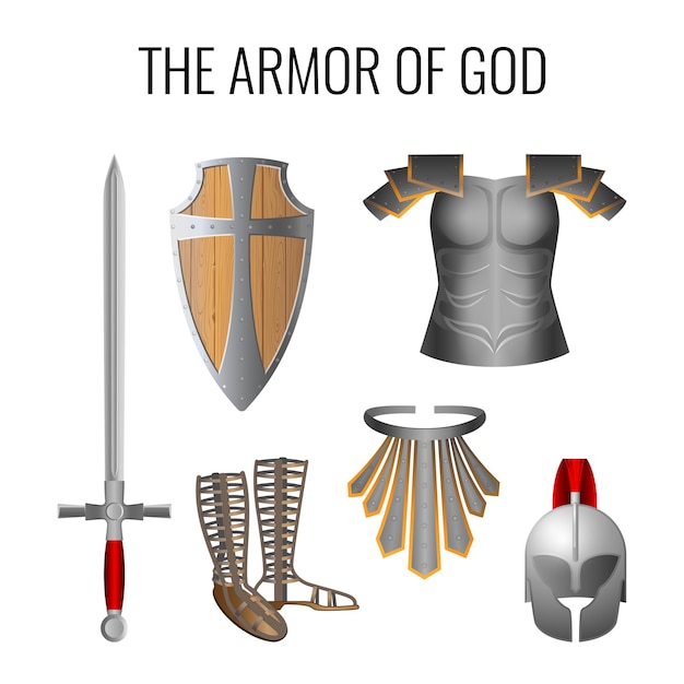 Set of armor of God elements isolated on white. Long sword of the spirit, breathpate, sandals of readiness, belt of truth, readiness wooden shield of faith, armour helmet of salvation. 
